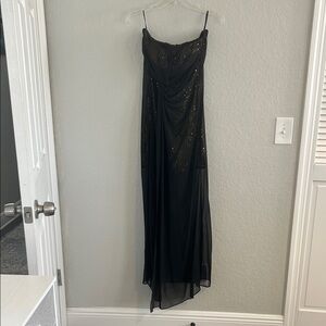 Sexy black and gold mini dress with black sheer overlay